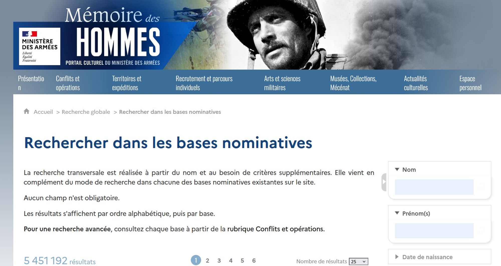 Capture d'écran du site Mémoire des hommes (2025)