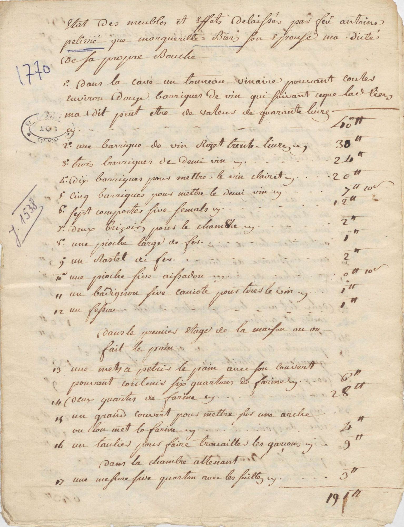 Inventaire après décès de 1770