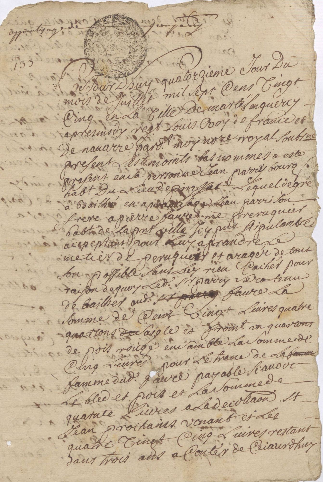 14 juillet 1725. Contrat d'apprentissage 