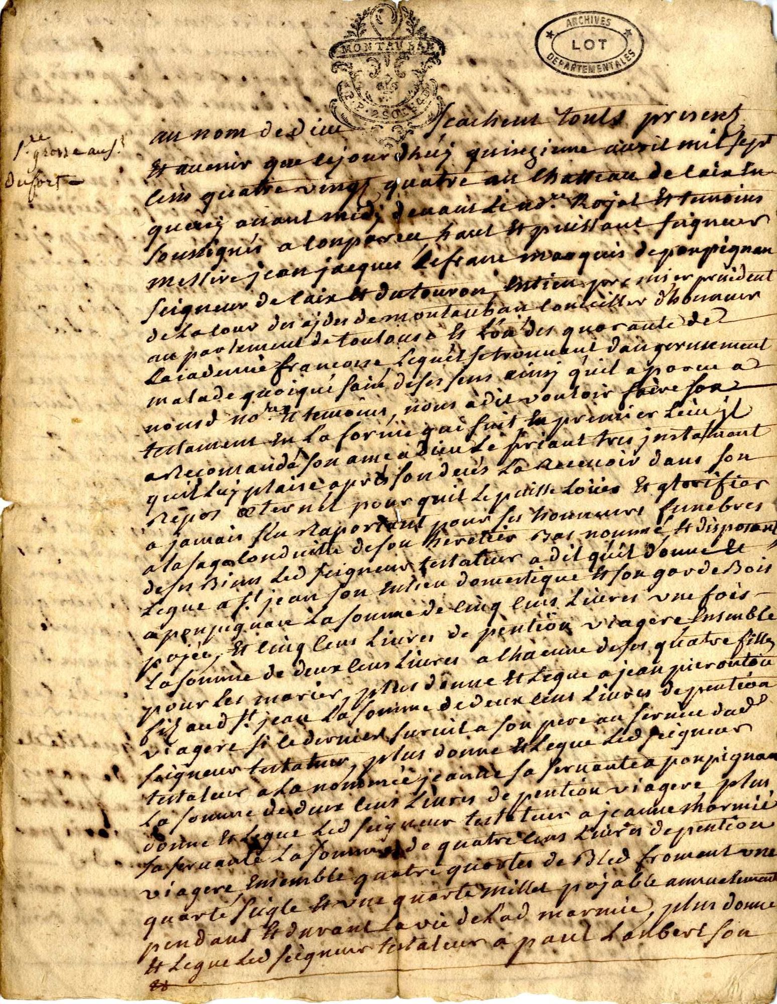 15 avril 1784, château de Caïx. Testament de J.-J. Lefranc
