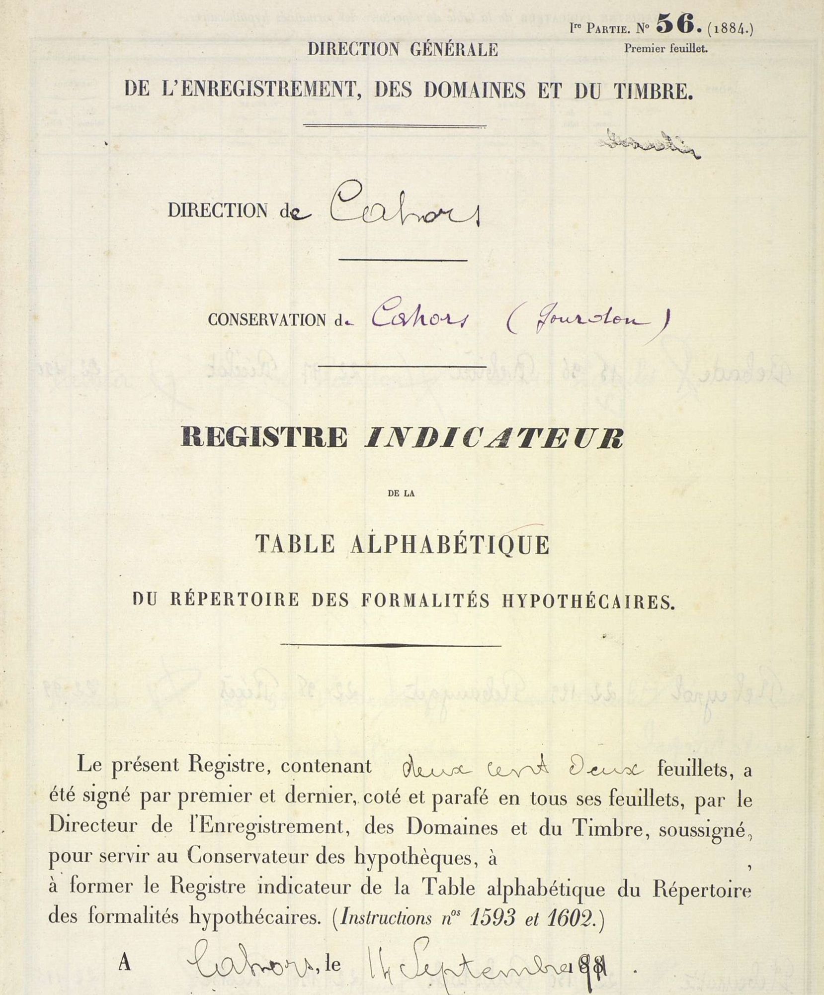 Hypothèques : Registres indicateurs 